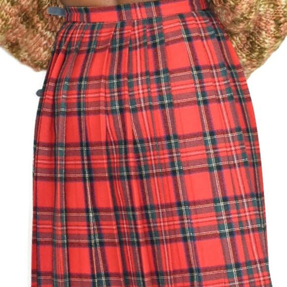 Chaus Tartan Skirt Red Vintage Midi Plaid Check Kilt Pleats Wrap Wool Size Small - Picture 6 of 12
